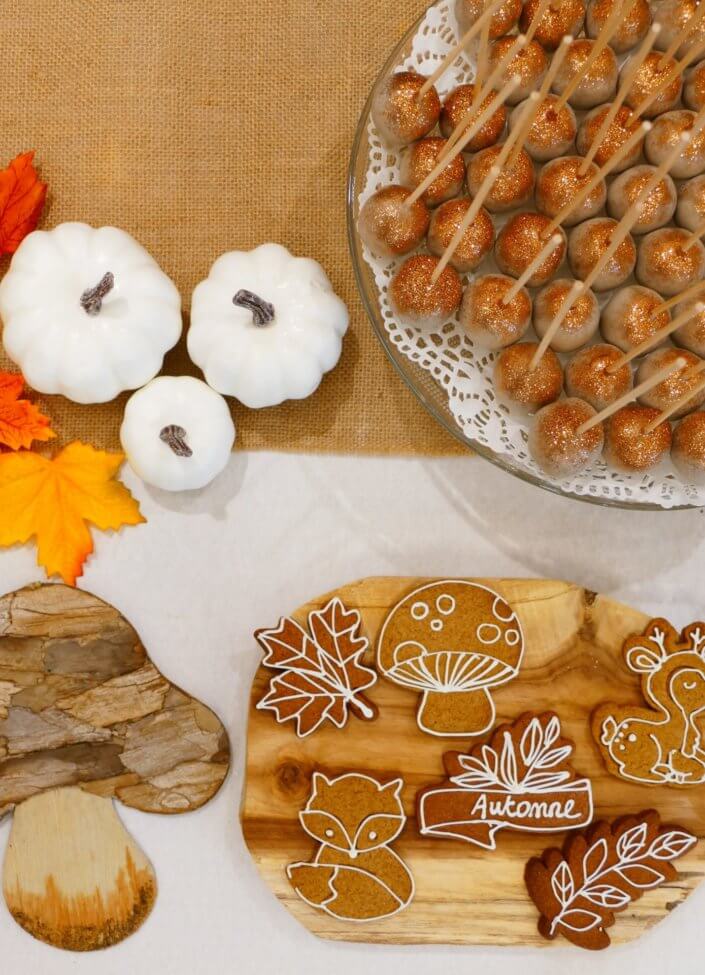 gouter d'automne par studio candy pour l'Oréal au centre de recherche Rio, avec une décoration automnale, des pâtisseries sur mesure, des bonbons