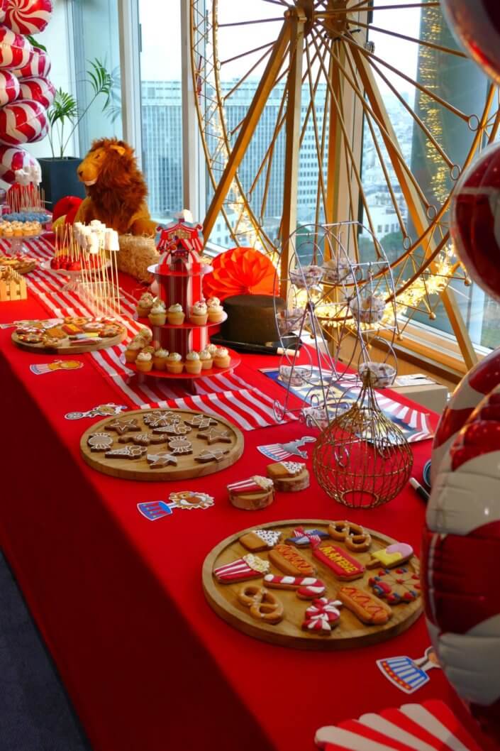 Arbre de Noël chez le groupe Amundi thème Fête Foraine ! Du rouge, des ballons, une grande roue, un lion qui veille sur le goûter des enfants,